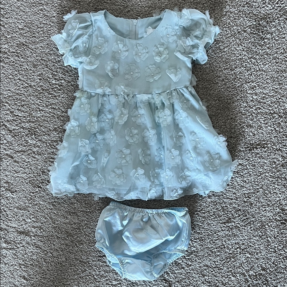 Like New Rare Editions Light Blue Floral Dress with bloomers 3-6m